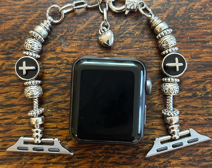 Silver Pandora Style Apple Watch Band With Black & Silver Cross Charm Bracelet