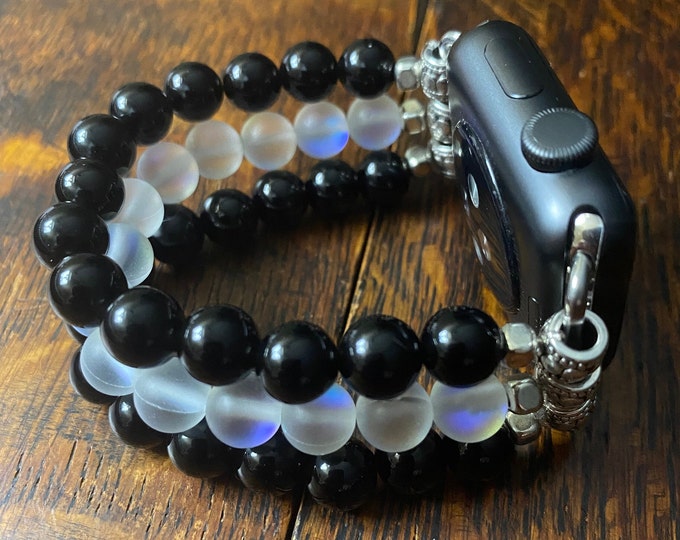 Black Obsidian & White Aura Crystals Beaded Apple Watch Band