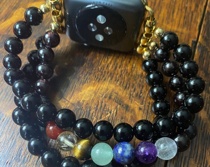 Chakra Garnet Black Obsidian Stainless Steel Beaded Apple Watch Band