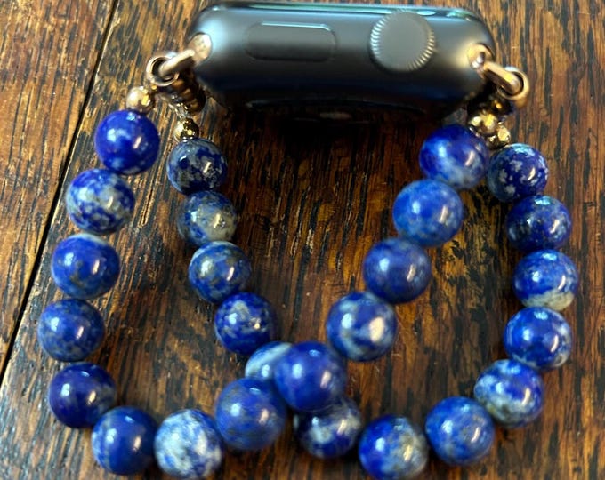 Lapis Lazuli 2-strand 8mm Beaded Apple Watch Band on Stainless Steel