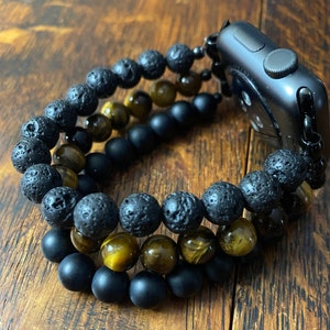 Tiger Eye Lava Stone Matte Black Obsidian Stainless Steel Beaded Apple Watch Band
