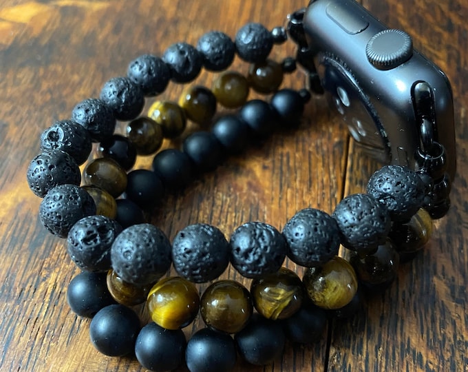 Tiger Eye Lava Stone Matte Black Obsidian Stainless Steel Beaded Apple Watch Band