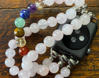 Chakra Rose Quartz Stainless Steel Beaded Apple Watch Band