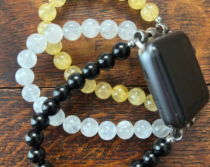 Moonstone Citrine Black Obsidian Stainless Steel Beaded Apple Watch Band