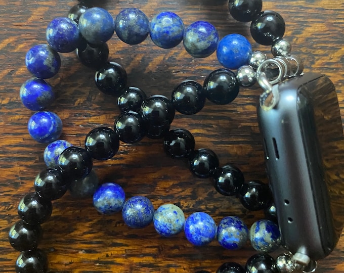 Lapis Lazuli Black Obsidian Stainless Steel Beaded Apple Watch Band
