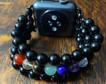 Chakra Black Obsidian Stainless Steel Beaded Apple Watch Band