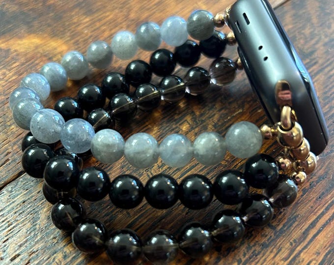 Labradorite Smokey Quartz Black Obsidian Stainless Steel Beaded Apple Watch Band