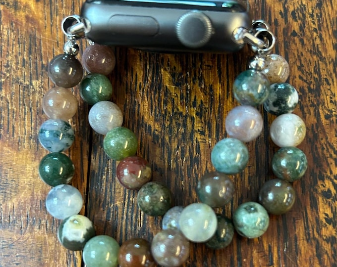 Indian Agate 2-strand 8mm Beaded Apple Watch Band on Stainless Steel