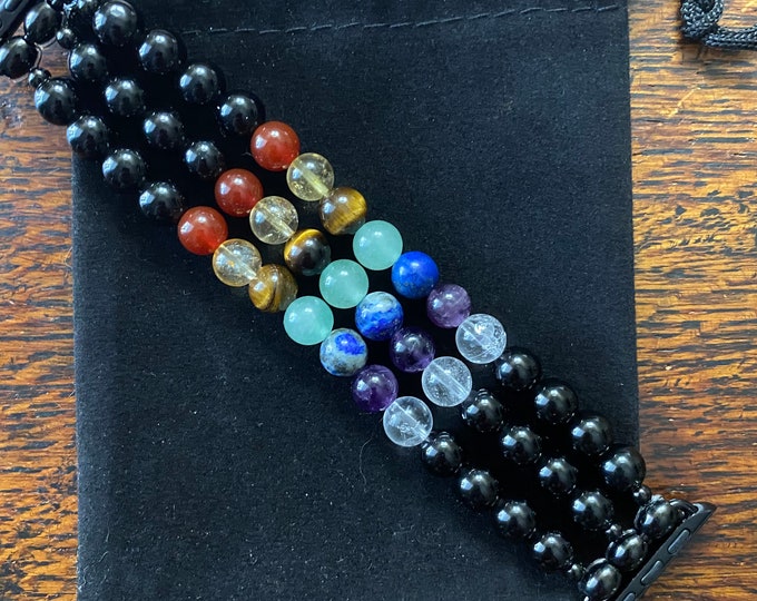 Chakra Black Obsidian Stainless Steel Beaded Apple Watch Band