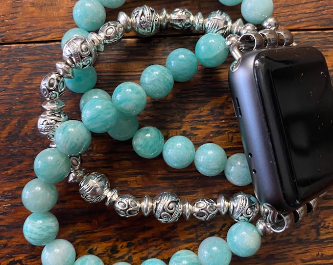 Amazonite (5A) Tibetan Silver Stainless Steel Beaded Apple Watch Band