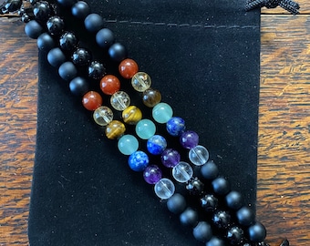 Chakra Tourmaline Matte Black Obsidian Stainless Steel Beaded Apple Watch Band