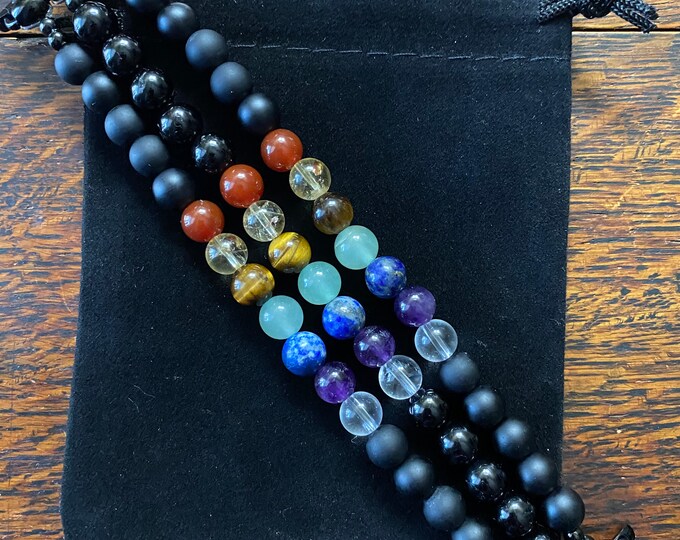 Chakra Tourmaline Matte Black Obsidian Stainless Steel Beaded Apple Watch Band