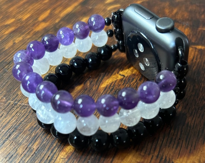 Moonstone Amethyst Black Obsidian Stainless Steel Beaded Apple Watch Band
