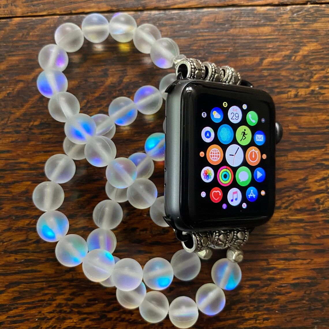 White Aura Crystal Beaded Apple Watch Band Etsy