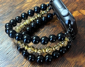 Black Obsidian Tibetan Gold Stainless Steel Beaded Apple Watch Band