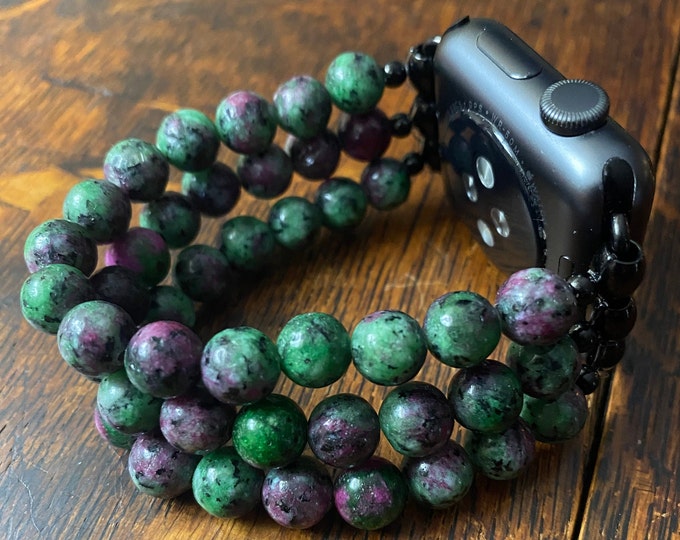 Ruby Zoisite Stainless Steel Beaded Apple Watch Band