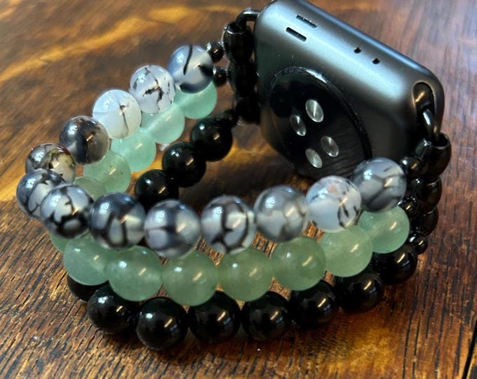 Aventurine Dragon Vein Black Obsidian Beaded Apple Watch Band on Stainless Steel