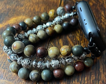 Red Picasso Jasper Tibetan Silver Stainless Steel Beaded Apple Watch Band