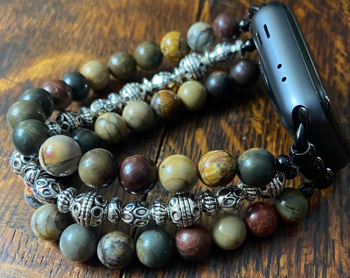 Red Picasso Jasper Tibetan Silver Stainless Steel Beaded Apple Watch Band
