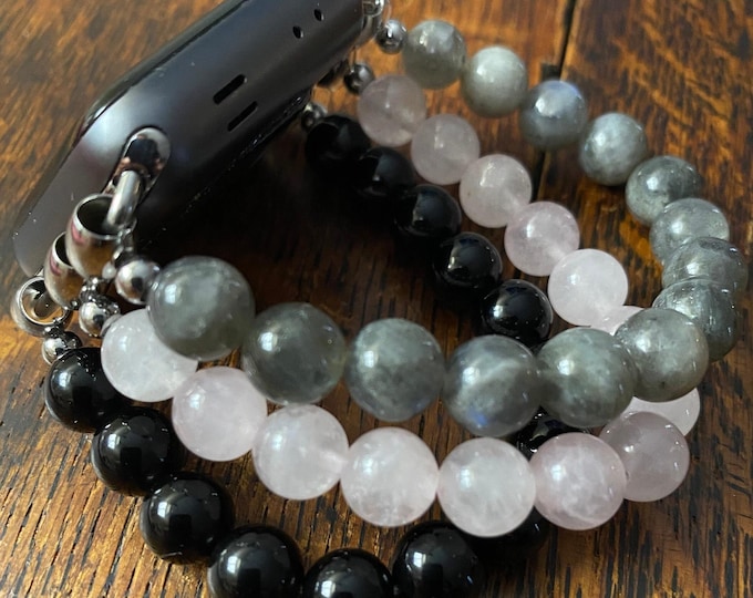 Labradorite Beaded Apple Watch Band with Black Obsidian and Rose Quartz on Stainless Steel