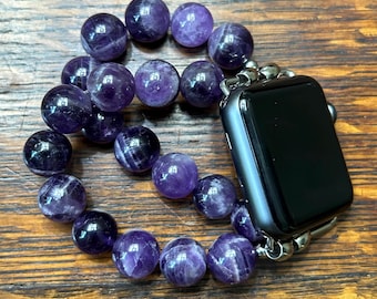 Large Stone Amethyst Quartz Stainless Steel Beaded Apple Watch Band