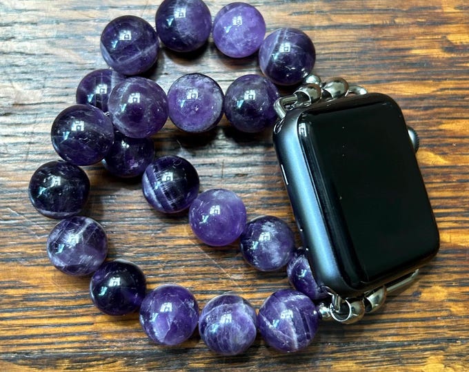 Large Stone Amethyst Quartz Stainless Steel Beaded Apple Watch Band