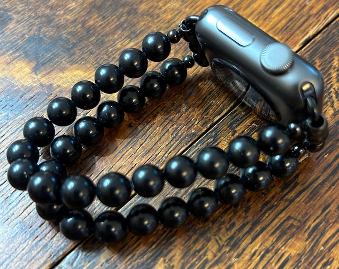 Matte Black Obsidian 2-strand 8mm Beaded Apple Watch Band on Stainless Steel
