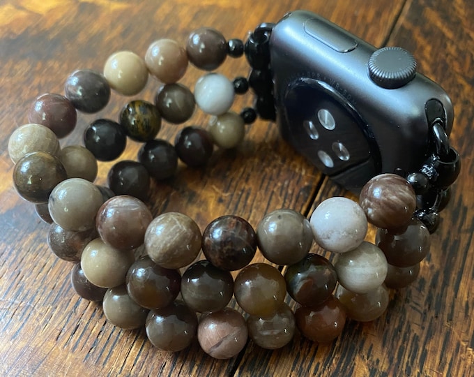 Indonesian Tree Jade Stainless Steel Beaded Apple Watch Band