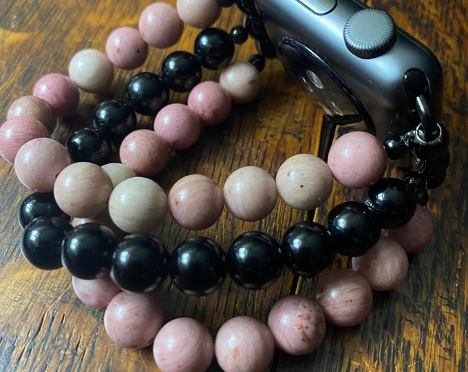 Rhodochrosite Black Obsidian Stainless Steel Beaded Apple Watch Band