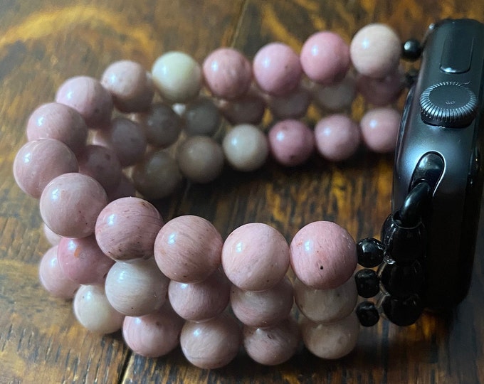 Rhodochrosite Stainless Steel Beaded Apple Watch Band