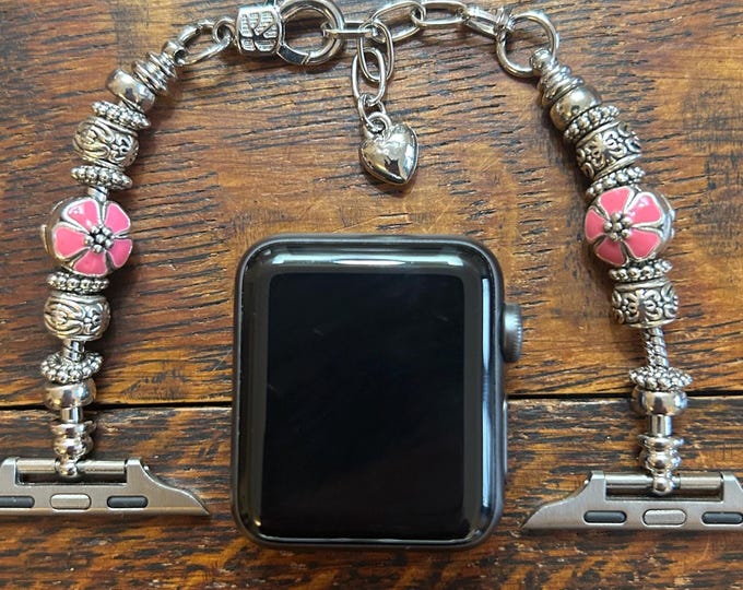 Silver Pandora Style Apple Watch Band With Large Pink Flower Charm Bracelet