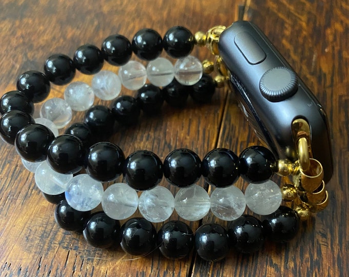 Moonstone (AAA) Black Obsidian Stainless Steel Beaded Apple Watch Band