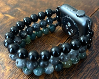 Tourmaline Black Labradorite Moss Agate Stainless Steel Beaded Apple Watch Band