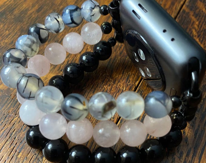Dragon Vein Agate Rose Quartz Black Obsidian Stainless Steel Beaded Apple Watch Band