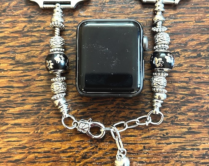 Silver Pandora Style Apple Watch Band Pet Paw Charm Bracelet