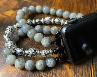 Labradorite Tibetan Silver and Stainless Steel Beaded Apple Watch Band