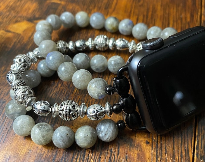 Labradorite Tibetan Silver and Stainless Steel Beaded Apple Watch Band