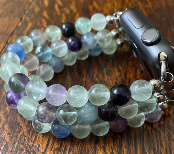 Fluorite Crystal Stainless Steel Beaded Apple Watch Band