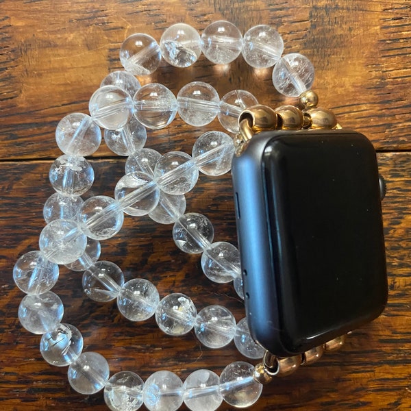Clear Quartz Crystal Stainless Steel Beaded Apple Watch Band