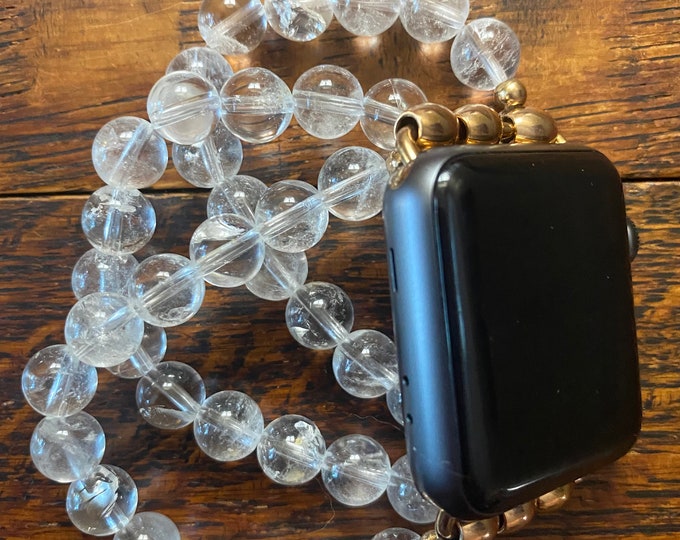 Clear Quartz Crystal Stainless Steel Beaded Apple Watch Band