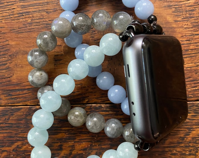 Angelite Aquamarine Labradorite Stainless Steel Beaded Apple Watch Band