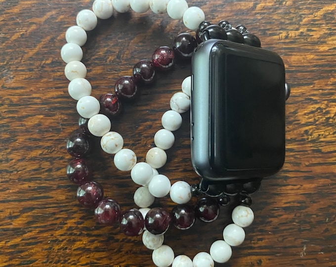 Howlite and Garnet Stainless Steel Beaded Apple Watch Band