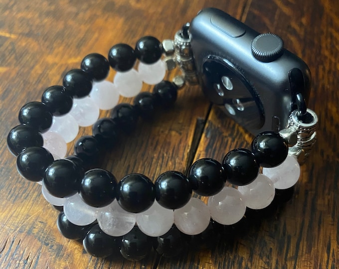 Black Obsidian Rose Quartz Beaded Apple Watch Band