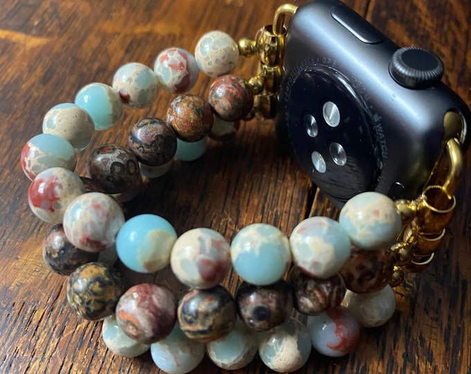 Snakeskin Leopard Skin Jasper Stainless Steel Beaded Apple Watch Band