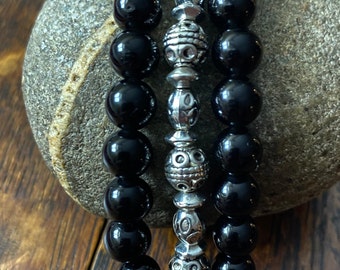 Black Obsidian and Tibetan Silver Beaded Apple Watch Band
