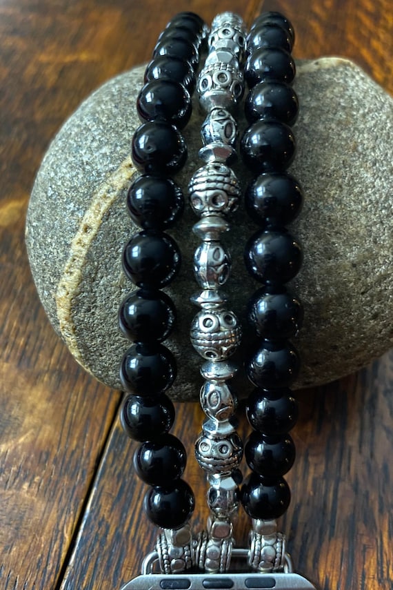 Black Obsidian and Tibetan Silver Beaded Apple Watch Band Etsy