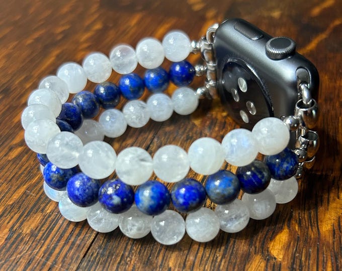 Moonstone Lapis Lazuli Stainless Steel Beaded Apple Watch Band