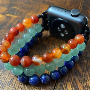 Cornelian Aventurine Lapis Lazuli Stainless Steel Beaded Apple Watch Band