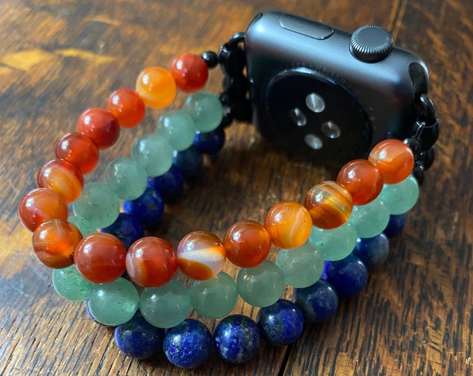 Cornelian Aventurine Lapis Lazuli Stainless Steel Beaded Apple Watch Band
