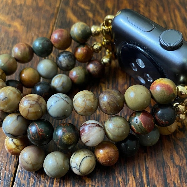 Bracelet pour Apple Watch en perles de jaspe rouge Picasso sur acier inoxydable